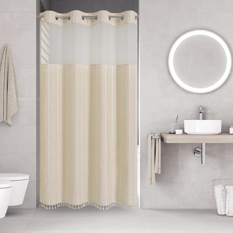 eachope No Hook Stall Shower Curtain with Snap-in Fabric Liner - 54x80 Heavy-Duty Linen Textured Striped Design,Narrow Rustic Modern Farmhouse Bohemian Bathroom Curtain,Water-Repellent,Cream/Beige - Image 1